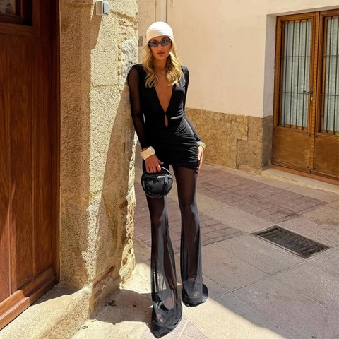 Combinaison Femme Sexy Col en V Profond Manches Longues Plissée Transparente Maille Taille Haute Évasée Coupe Ajustée Soirée