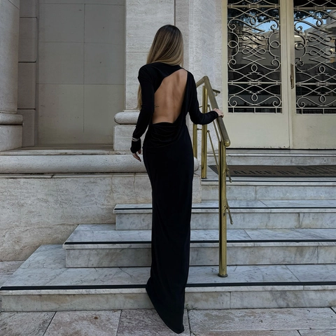Women Sexy Open Back Long Sleeve Maxi Dress Solid Color Slim Fit Elegant Evening Party Dress Bodycon Long Robe