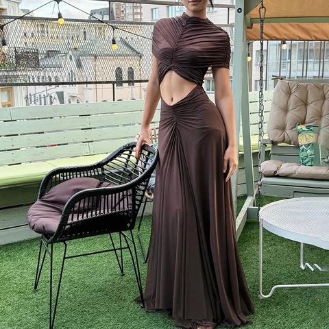 Abito Maxi da Donna Sexy in Mesh Patchwork Arricciato Collo Alto Manica Corta Cut Out Bodycon Lungo Festa Sera