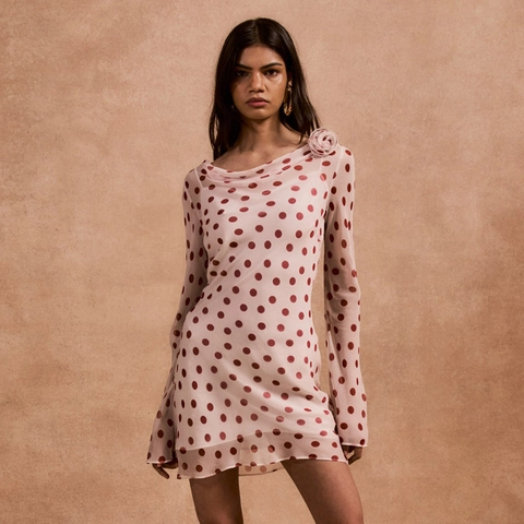 Women Polka Dot Chiffon Mini Dress With 3D Flower Decoration Long Sleeve Backless Slim Fit Sexy Short Dress