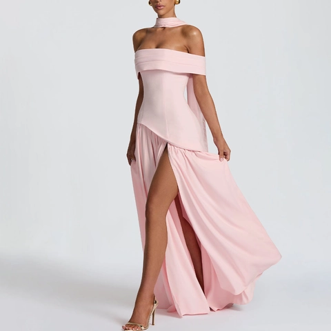 Robe Maxi Sexy Sans Bretelles Dos Nu Fente Haute Asymétrique Plissée Robe de Soirée en Polyester Élasthanne Avec Collier