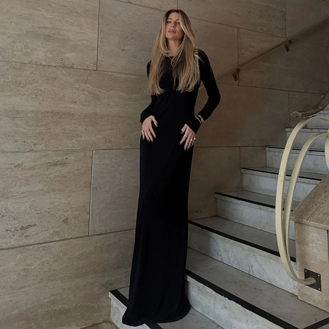 Women Sexy Open Back Long Sleeve Maxi Dress Solid Color Slim Fit Elegant Evening Party Dress Bodycon Long Robe