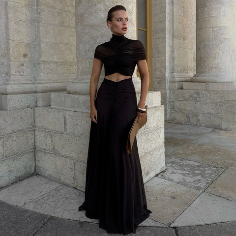 Abito Maxi da Donna Sexy in Mesh Patchwork Arricciato Collo Alto Manica Corta Cut Out Bodycon Lungo Festa Sera