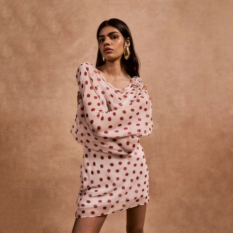 Women Polka Dot Chiffon Mini Dress With 3D Flower Decoration Long Sleeve Backless Slim Fit Sexy Short Dress