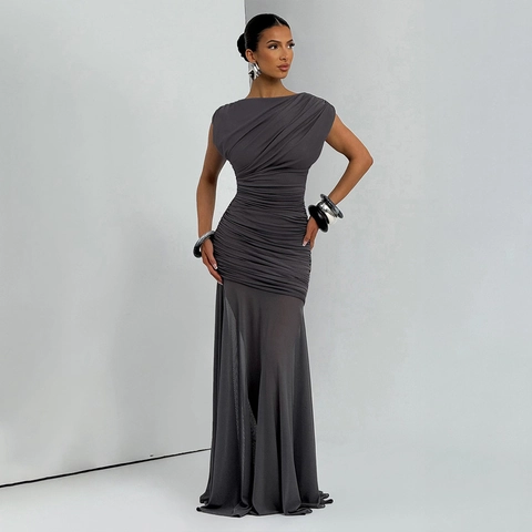 Women Sexy Ruched Mesh Patchwork Maxi Dress Sleeveless Slim Fit Solid Color Elegant Party Night Out Long Dress