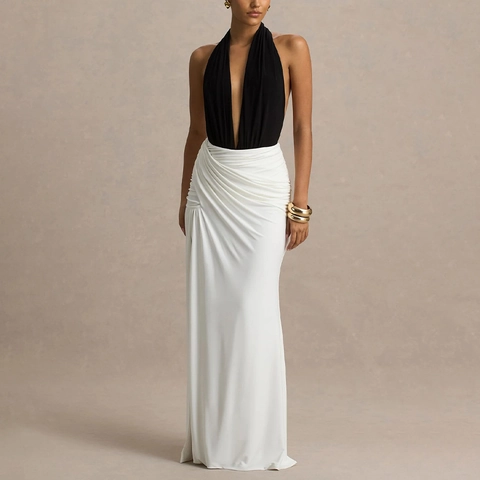 Vestito Lungo Bodycon Donna Sexy Scollo a V Profondo Allacciato al Collo Schiena Scoperta Spacco Alto Elegante Cerimonia