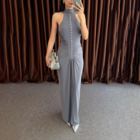 Vestido Largo Maxi Sexy Halter Sin Mangas para Mujer Ajustado Fruncido Abotonadura Sencilla Color Sólido Fiesta