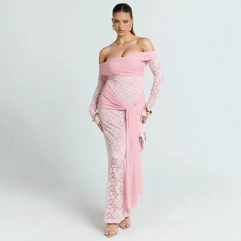 Sexy Rosa Spitzen-Patchwork Schulterfrei Langarm Bodycon Maxi Kleid Elegant Abendparty Clubwear Für Damen