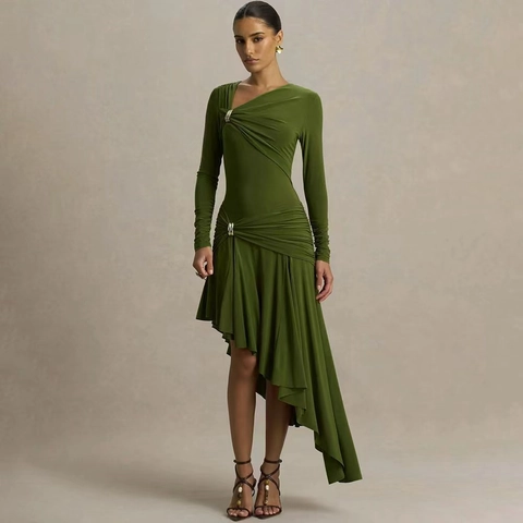 Damen Sexy Satin Langarm Bodycon Maxi Kleid Gekräuselt Unregelmäßiger Saum V Ausschnitt Abendparty Kleid Mit Metallringen