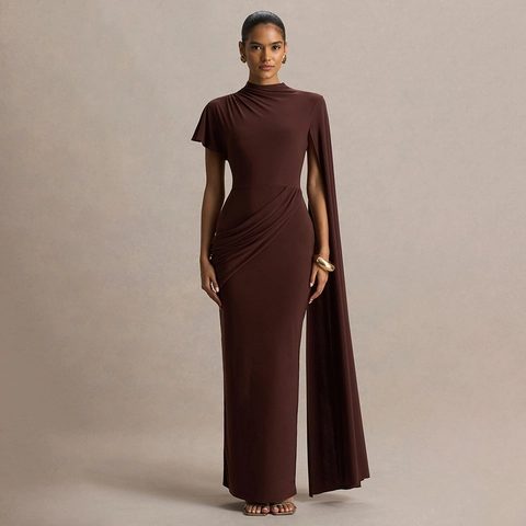 Elegantes Abendkleid mit Asymmetrischen Umhangärmeln Gerafftes Körperbetontes Bodenlanges Einfarbiges Maxikleid mit Stehkragen für Damen