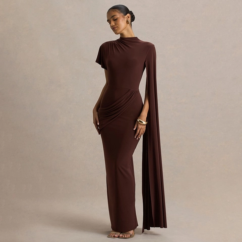 Elegantes Abendkleid mit Asymmetrischen Umhangärmeln Gerafftes Körperbetontes Bodenlanges Einfarbiges Maxikleid mit Stehkragen für Damen