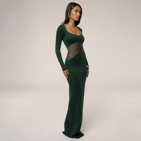 Damen Sexy U Ausschnitt Netz Patchwork Maxi Kleid Milchseide Elasthan Langarm Bodycon Party Clubwear Elegantes Langes Kleid
