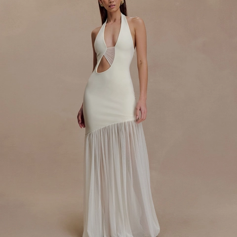 Abito Maxi da Donna Sexy Halter Scollo a V Profondo Patchwork di Rete Senza Schienale Aderente Elegante Lungo per Festa e Club