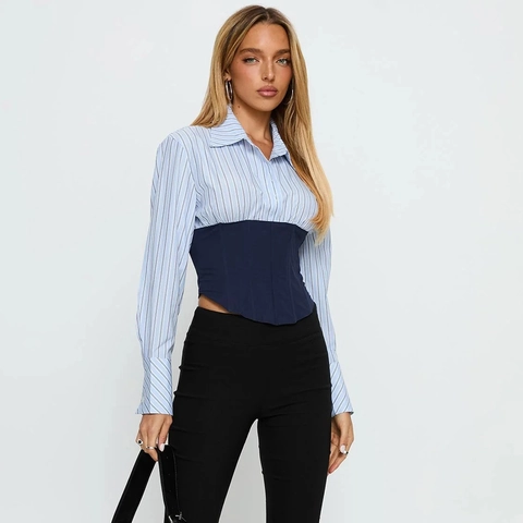 Dames Gestreept Lange Mouw Poloshirt Met Corset Patchwork Taille Slim Fit Veters Sexy Streetwear Top