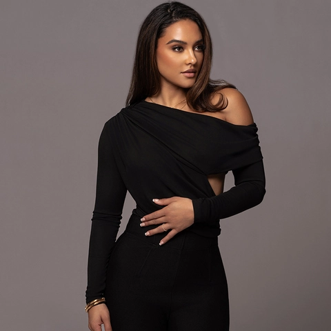 Γυναικείο Sexy Off Shoulder Μακρυμάνικο Bodysuit Ασύμμετρο Πλισέ Slim Fit Μετάξι Γάλακτος Jumpsuit Tops Για Πάρτι Clubwear