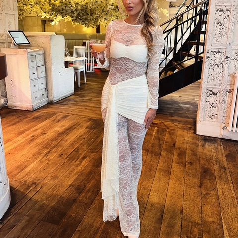 Sexy Kant Patchwork Jumpsuit met Lange Mouwen voor Dames Opengewerkte Hoge Taille Uitlopende Broek Geplooid Ontwerp Party