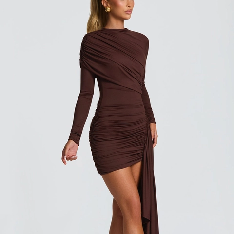 Vestido Mini Sexy para Mujer con Fruncido Manga Larga Ajustado Asimétrico Patchwork Ajuste Ceñido Fiesta Banquete Color Sólido