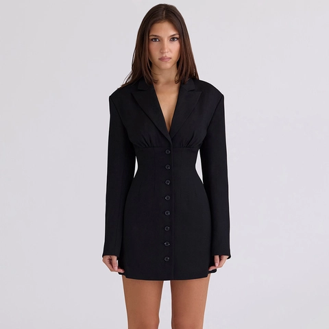 Damen Sexy Schwarz Geraffte Taille Blazer Kleid Reverskragen Einreihig Langarm Slim Fit Elegant Büro Lady Minikleid