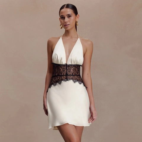 Abito Mini in Raso Bianco Sexy da Donna con Scollo a V Profondo Patchwork in Pizzo Nero Schiena Scoperta Bodycon per Feste