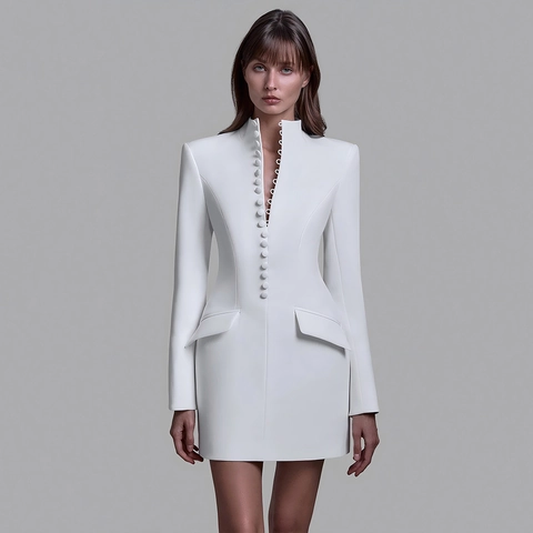 Elegante Vestito Blazer Strutturato da Donna Slim Fit Collo alla Coreana Scollo a V Monopetto Manica Lunga Mini Gonna Business