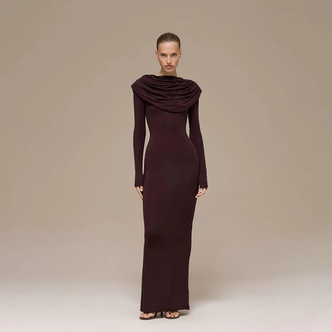 Elegant Cowl Neck Floor Length Maxi Dress Women Sexy Slim Fit Long Sleeve Solid Color Waist Cinched Split Party Banquet Dress
