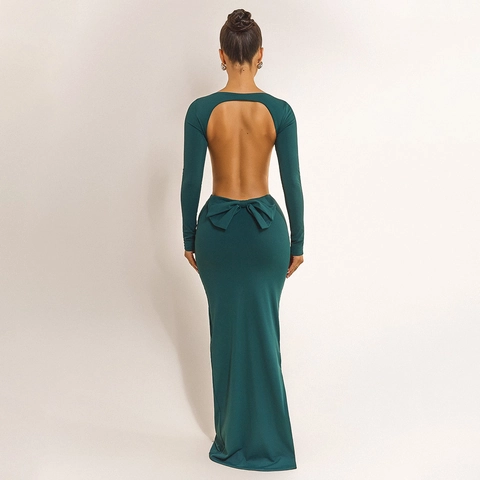 Damen Sexy Rückenfrei Schleife Maxikleid Langarm Figurbetont Cut-Out Abendparty Clubwear Milchseide Langes Kleid