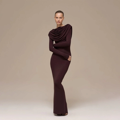 Elegant Cowl Neck Floor Length Maxi Dress Women Sexy Slim Fit Long Sleeve Solid Color Waist Cinched Split Party Banquet Dress
