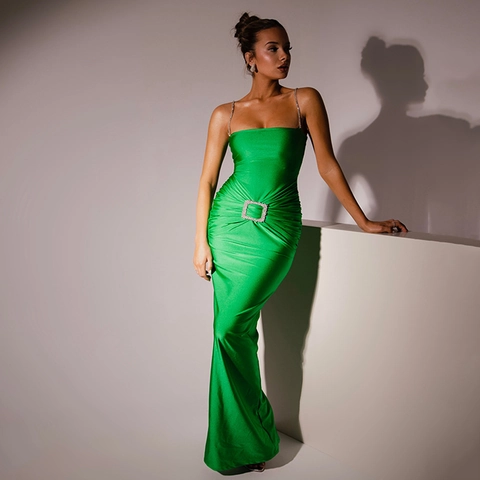 Vestido Largo Sexy de Satén con Espalda Descubierta Para Mujer Tirantes de Cadena de Estrás Fruncido Ajustado Banquete Fiesta Vestido Largo Elegante Color Sólido