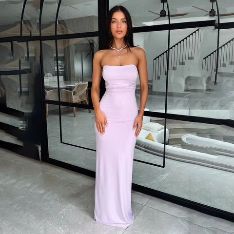 Women Sexy Strapless Backless Lace Up Ruched Maxi Dress Slim Fit Bodycon Summer Party Evening Long Dress