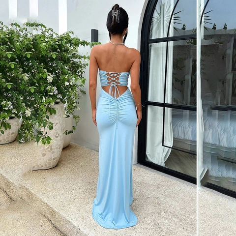 Women Sexy Strapless Backless Lace Up Ruched Maxi Dress Slim Fit Bodycon Summer Party Evening Long Dress