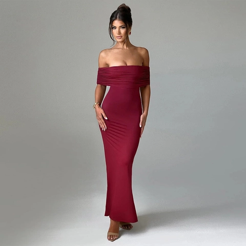 Vestido Largo Sexy Sin Espalda Sin Tirantes Para Mujer Elegante Color Sólido Hombros Descubiertos Sirena Ajustado Fiesta