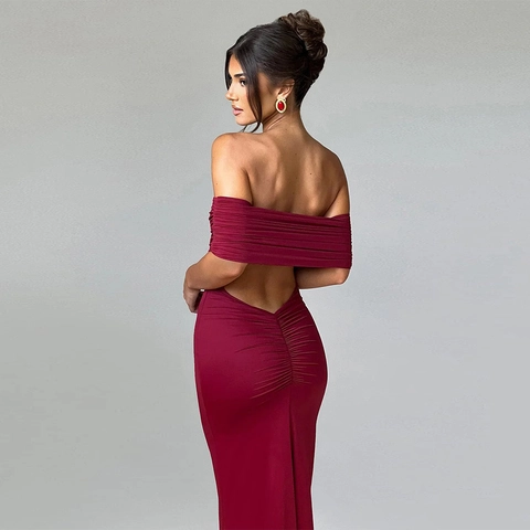 Vestido Largo Sexy Sin Espalda Sin Tirantes Para Mujer Elegante Color Sólido Hombros Descubiertos Sirena Ajustado Fiesta