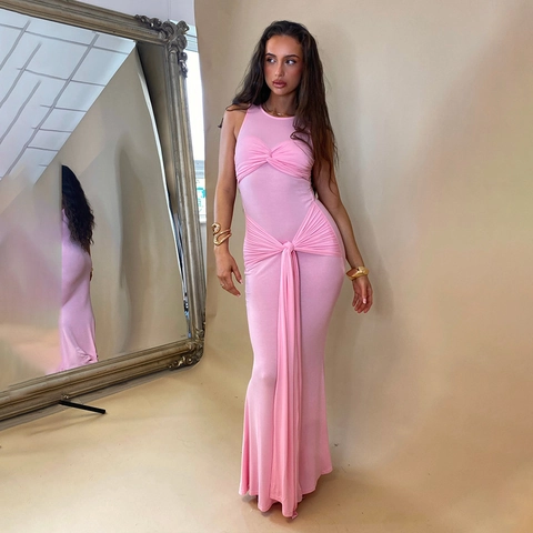 Damen Sexy Ärmellos Rundhals Maxi Kleid Elegant Slim Fit Knoten Plissee Lang Abend Party Clubwear Bodycon Kleid