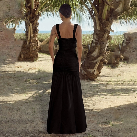 Abito Maxi da Donna Sexy con Scollo Quadrato e Spalline Sottili Arricciato Schiena Scoperta Spacco Alto Slim Fit Estate Spiaggia Vacanza Vestito Lungo