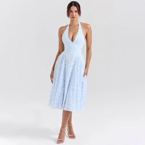 Abito Midi da Donna Sexy all'Americana con Scollo a V Schiena Scoperta Azzurro Floreale Jacquard Linea a trapezio per Feste