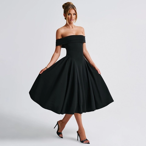 Vestido Midi Sexy de Hombros Descubiertos para Mujer Elegante Color Sólido Línea A Espalda Descubierta Talle Alto Vestido de Noche