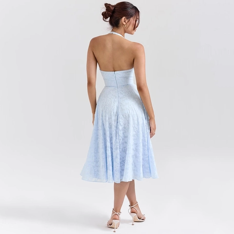 Abito Midi da Donna Sexy all'Americana con Scollo a V Schiena Scoperta Azzurro Floreale Jacquard Linea a trapezio per Feste