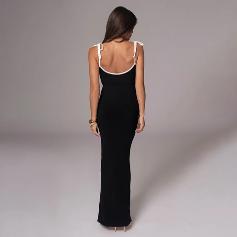 Damen Sexy Kontrastpaspelierung Rückenfreies Maxikleid Schlanke Passform Schnürung Camisole Halter Zwei-Wege-Tragen Langes Bodycon Kleid