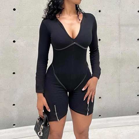 Tuta Intera Donna Sexy Scollo a V a Coste Manica Lunga Tinta Unita Slim Fit Bodycon Romper Alta Elasticità Tuta Corta Streetwear