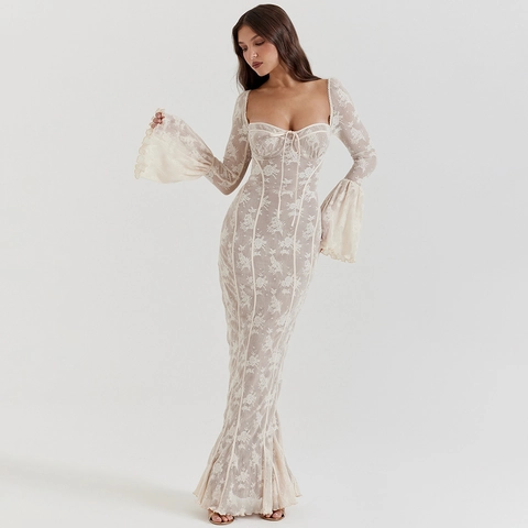 Abito Maxi Sexy in Pizzo Maniche a Campana Collo Quadrato Bodycon Schiena Scoperta Sirena Abito da Sera Elegante per Matrimonio Donna
