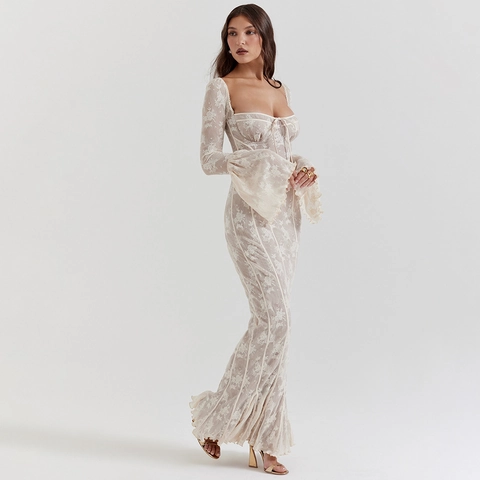 Abito Maxi Sexy in Pizzo Maniche a Campana Collo Quadrato Bodycon Schiena Scoperta Sirena Abito da Sera Elegante per Matrimonio Donna
