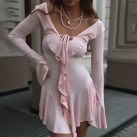 Vestido Sexy para Mujer Cuello en V Volantes Manga Larga Lazada Delantera Manga Acampanada Mini Vestido Ajustado Color Sólido Moda