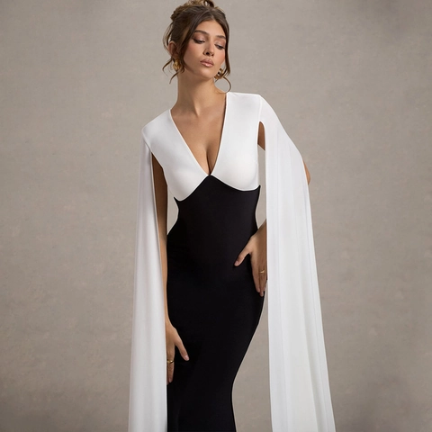 Donna Elegante a Blocchi di Colore Scollo a V Schiena Scoperta Abito da Sera Manica a Mantella Bodycon Maxi Gown Festa Banchetto