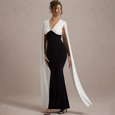 Donna Elegante a Blocchi di Colore Scollo a V Schiena Scoperta Abito da Sera Manica a Mantella Bodycon Maxi Gown Festa Banchetto