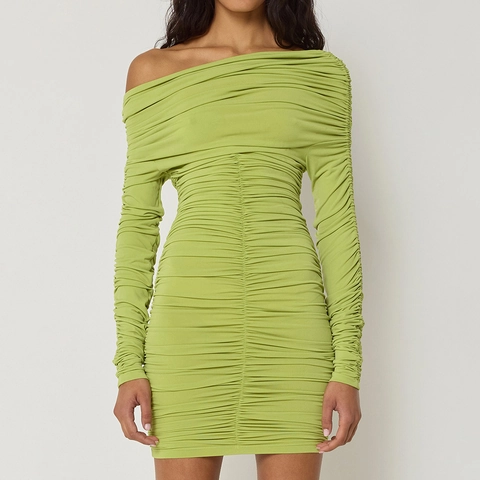 Abito Mini Aderente Arricciato da Donna a Maniche Lunghe Scollo Asimmetrico Slim Fit Elegante Vestito Corto da Festa