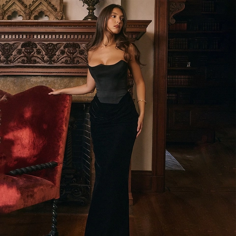 Abito Maxi da Donna Sexy Senza Spalline con Corsetto Vintage Velluto Patchwork Senza Schienale Vestibilità Aderente Abito Lungo per Banchetto Serale