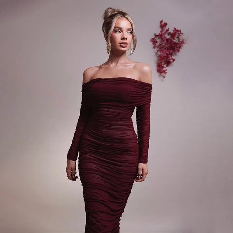 Damen Sexy Gerafft Netzgewebe Schulterfrei Langarm Bodycon Maxi Kleid Elegant Party Abend Hüftwickel Formelles Langes Kleid