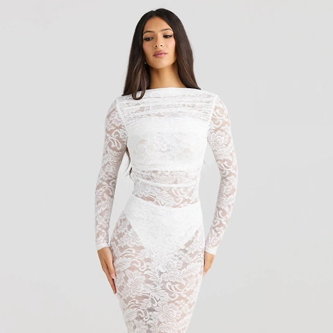 Abito Maxi da Donna Sexy in Pizzo con Schiena Scoperta Manica Lunga Arricciato Bodycon Elegante Abito da Sera per Matrimonio