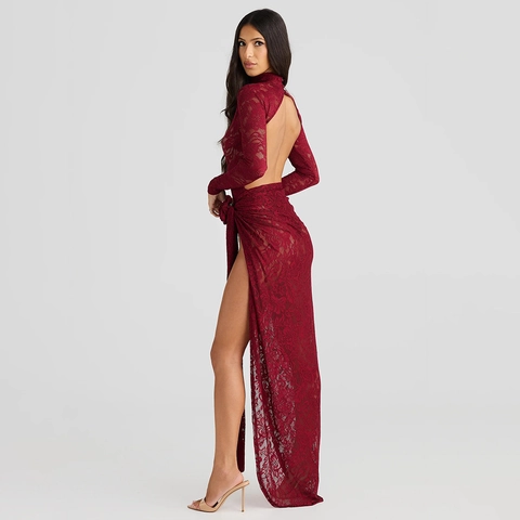 Women Sexy Wine Red Lace Two Piece Set High Neck Long Sleeve Bodysuit And High Slit Maxi Skirt Backless Nightclub Outfits