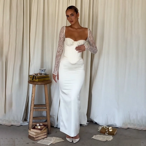 Vestido Largo Elegante de Satén y Encaje para Mujer Corsé Sexy Espalda al Aire Cuello Cuadrado para Boda Fiesta